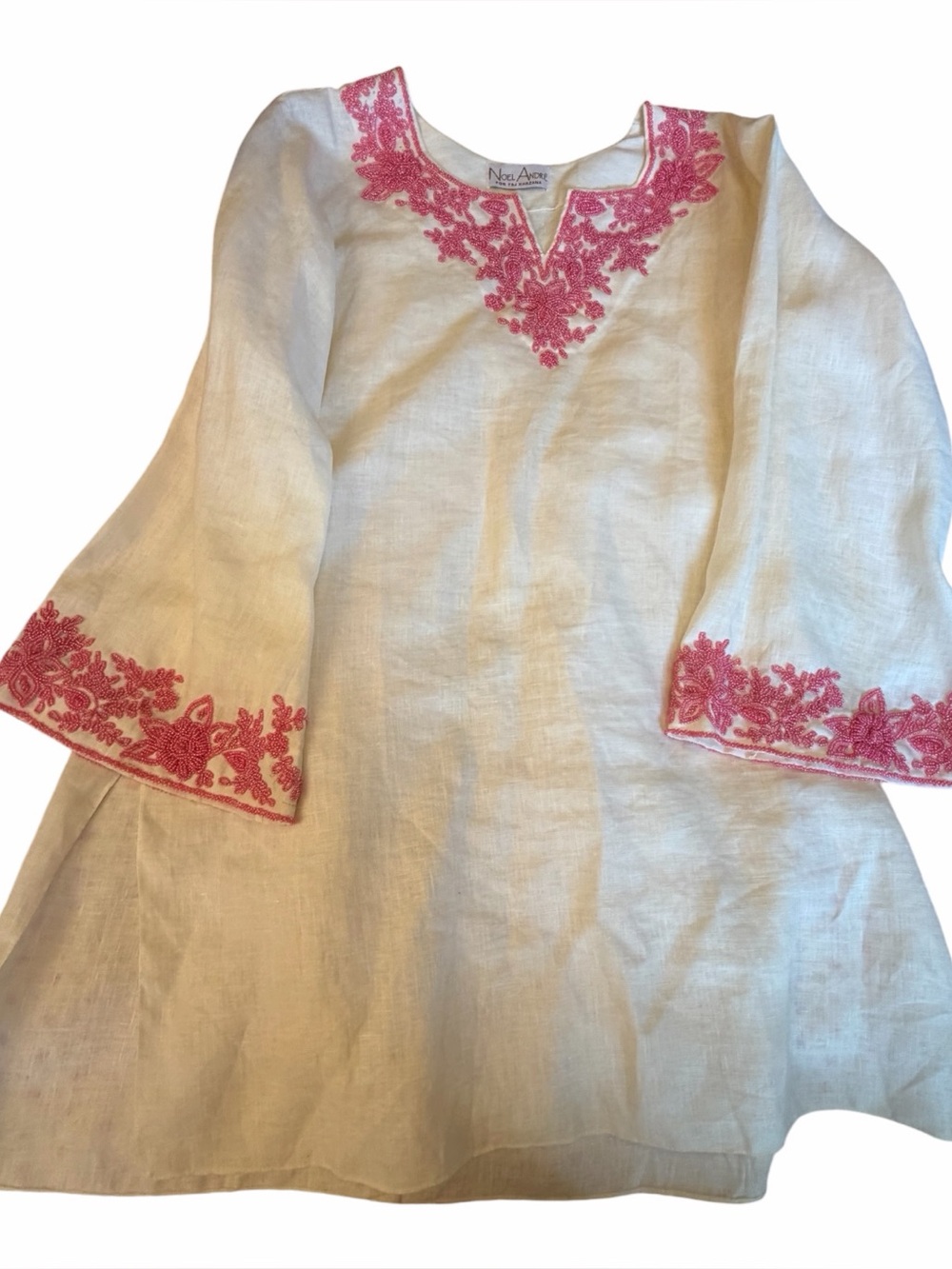 Noel Andre for Taj Khazana white linen tunic/ pink beaded floral embroidery.